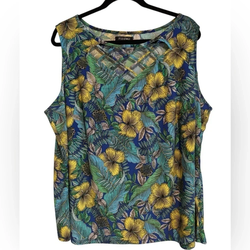 Roz & Ali Blue Green Sleeveless Tank Top Tropical Print - Picture 1 of 6